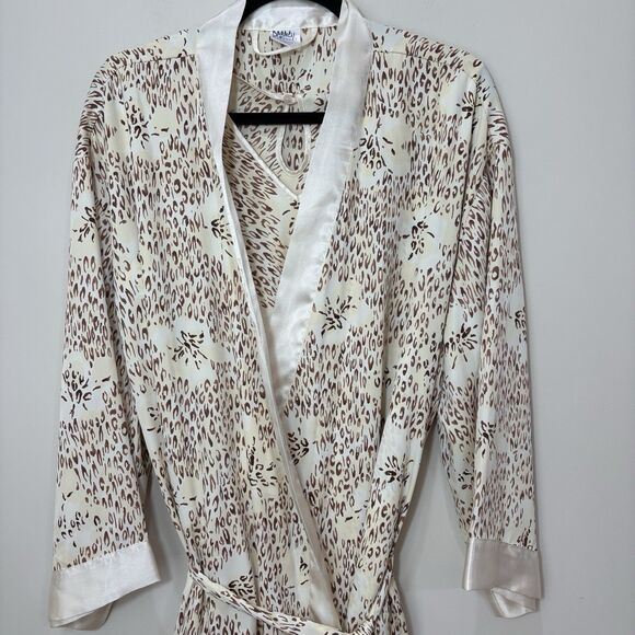 Cabernet Sleepwear Satin Robe & Top Set Women L/XL Tan Leopard Silky Loungewear - Picture 2 of 8